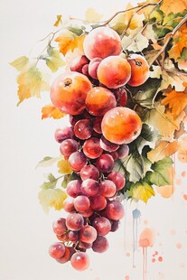 水彩绘葡萄与柿子组合