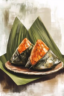 油画风美味粽子摆拍图