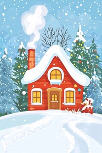 冬日红屋雪景温馨画面