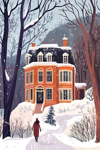 冬日雪中小屋前的独行者