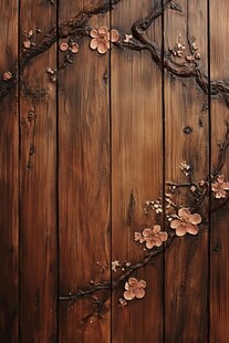 木板上的烂漫粉色花枝