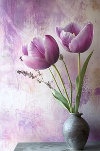 紫色郁金香花瓶静物美照