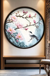 中式圆框玉兰花鸟装饰画