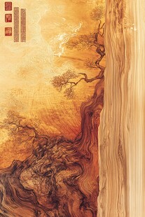 中式古韵松树山水木纹图