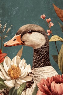 花卉环绕的优雅灰鹅