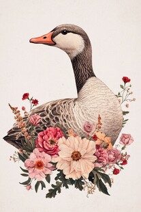 鹅与繁花的梦幻插画