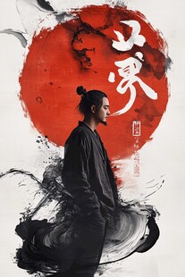 古风侠客置身水墨红月间