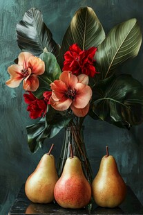 花瓶中花卉与三颗梨子