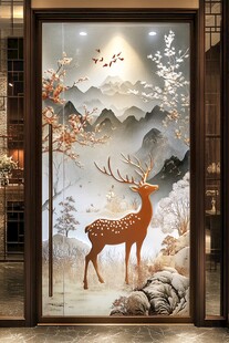 中式山水鹿景玄关艺术画