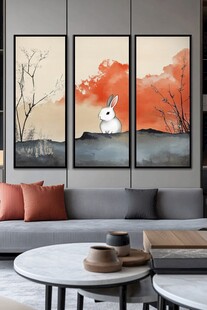 客厅中三联萌兔艺术挂画