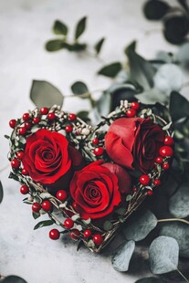 心形红玫瑰与浆果装饰