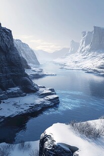 冬日冰雪覆盖的壮丽河谷景观