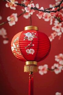 红灯笼映粉花喜庆氛围