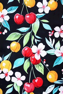 樱桃花卉黑色背景图案