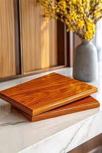 木质砧板摆放在大理石台