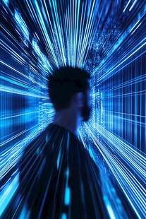 科技感背影穿梭于蓝光隧道