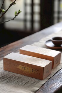 木质茶盒摆于古朴桌案上