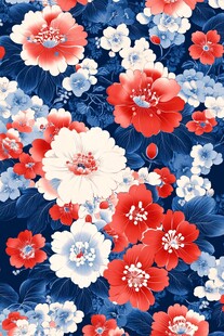 蓝底红白花卉图案设计