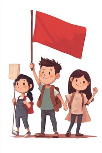 儿童举旗前行欢乐出游