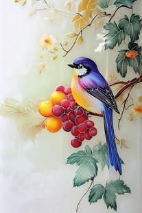 花鸟图 彩鸟栖于硕果枝头