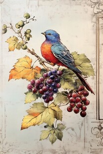 彩鸟栖于葡萄藤上