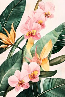 粉色兰花与绿叶的美丽景致