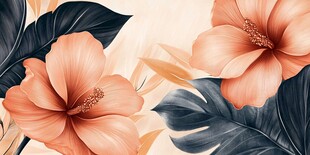 粉色扶桑花与绿叶插画
