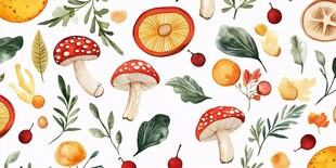 蘑菇浆果树叶水彩插画