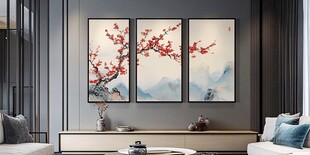 中式客厅三联梅花装饰画