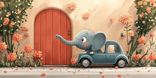 小象驾车到门前的温馨场景