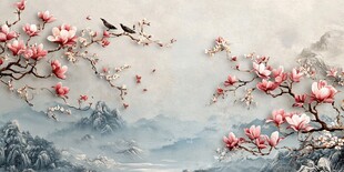 玉兰花枝映山水中式景