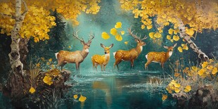 秋日鹿群溪边漫步美景