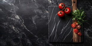 黑石板上的新鲜番茄与香草