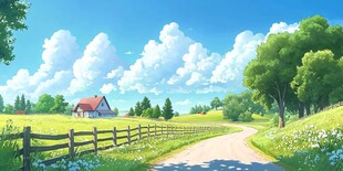 乡村小路旁的惬意田园风光