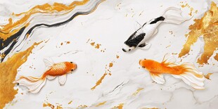 金黑白锦鲤游于水墨金纹间