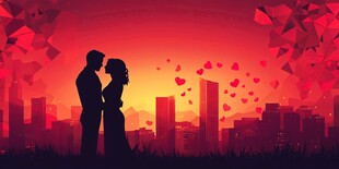 浪漫情侣城市夕阳下相拥