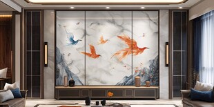 中式客厅大气凤凰山水壁画