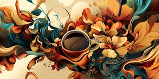 梦幻花卉环绕的香醇咖啡