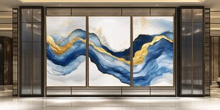 蓝金写意山水屏风装饰画