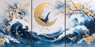 金月飞鸟踏浪中式艺术画