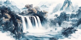 水墨山水瀑布意境图