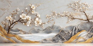 玉兰花山水立体背景墙