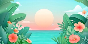 夏日海滨花卉风景插画