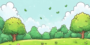 清新卡通风绿意盎然森林景