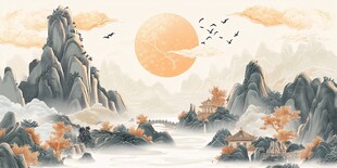 秋日山水间 飞鸟伴日景