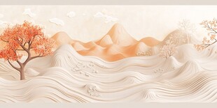 秋日山川剪纸风唯美图景