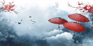 云中红伞伴飞鸟与繁花
