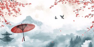 古风烟雨景 红伞飞鸟相伴