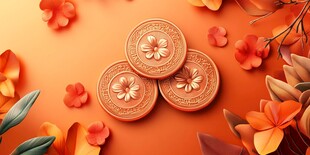 橙色背景上的金币与花卉