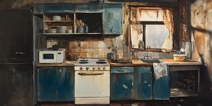 破旧杂乱的复古风格厨房